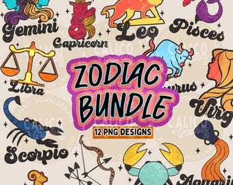 Zodiac PNG Bundle | Gemini Capricorn Libra Taurus Sagittarius  | DTF Sublimation Screen Print POD | Digital Download