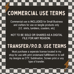 Puede incluir: Un fondo a cuadros en blanco y negro con un rect&aacute;ngulo gris oscuro que contiene texto. El texto dice "T&Eacute;RMINOS DE USO COMERCIAL" y "T&Eacute;RMINOS DE USO DE TRANSFERENCIA/P.O.D.". El texto explica el uso comercial y los t&eacute;rminos de transferencia.