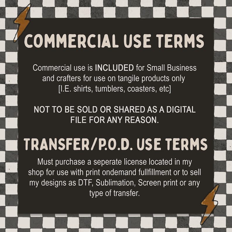 Puede incluir: Un fondo a cuadros en blanco y negro con un rect&aacute;ngulo gris oscuro que contiene texto. El texto dice "T&Eacute;RMINOS DE USO COMERCIAL" y "T&Eacute;RMINOS DE USO DE TRANSFERENCIA/P.O.D.". El texto explica el uso comercial y los t&eacute;rminos de transferencia.