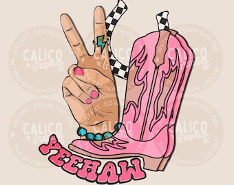 May include: A graphic illustration featuring a hand making a peace sign with a turquoise lightning bolt ring, a black and white checkered ribbon, a pink cowboy boot with flame details, and the word YEEHAW in pink bubble letters.