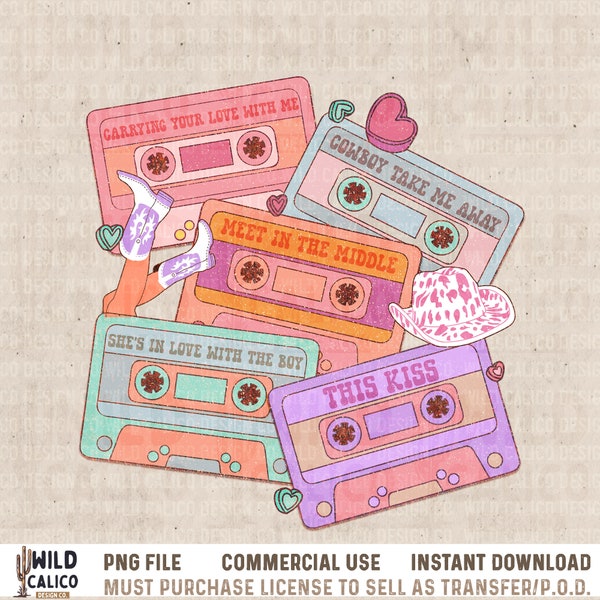 Western 90s Country Music Cassettes Valentines Cowgirl | Western PNG Sublimations, Designs Downloads, PNG Clipart,  Sublimation Download