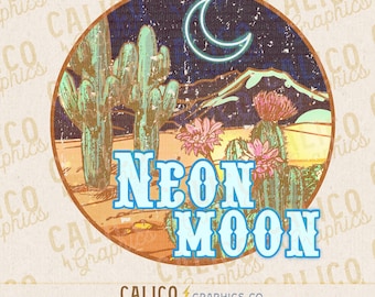 Luna de neón occidental PNG: Diseño de cactus moderno (Descarga digital)