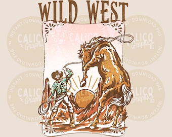 Vaquero del Salvaje Oeste Lazando Caballos Western Descarga Digital Instantánea / Diseños Western Modernos, Archivos PNG Western, Descargas PNG de Camisetas Modernas