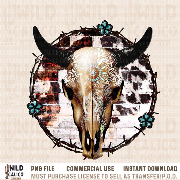 Bull Skull Barbed Wire |  Retro Sublimations, Western Sublimations, Designs Downloads, PNG Clipart, Shirt Design, Sublimation Downloads