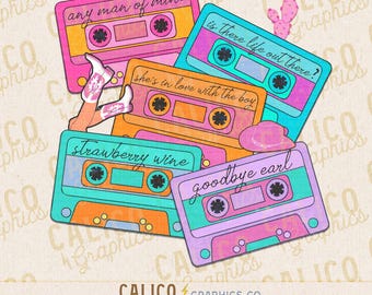 Cintas de casete de música country western de los 90, descarga digital instantánea de diseños western modernos, archivos PNG western, descargas PNG de camisetas modernas