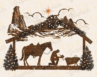 Praying Cowboy at Manger Christmas Western Instant Digital Download | Trendy Western Designs, Western PNG, Trendy Shirt PNG Downloads