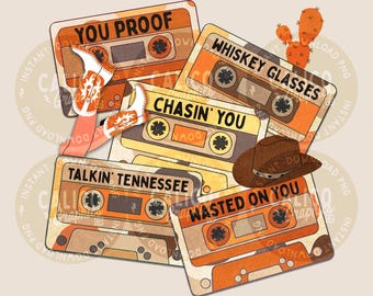 May include: A collection of orange and cream cassette tapes featuring the text You Proof, Whiskey Glasses, Chasin' You, Talkin' Tennessee, and Wasted On You. The design includes a pair of white cowboy boots, a brown cowboy hat, and a cactus.