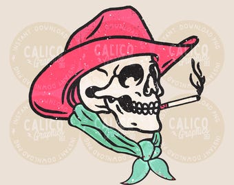 PNG estilo western / Calavera de esqueleto vaquero rosa / Impresión por sublimación DTF POD / Descarga digital