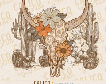 Cráneo de vaca del desierto occidental PNG / Gráfico floral de cactus (descarga digital)