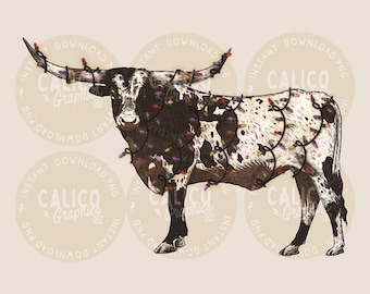 Christmas PNG | Longhorn with Lights | DTF Sublimation Screen Print POD | Digital Download
