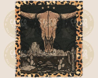Desert Cow Skull Leopard Print PNG | Western Landscape Digital Download