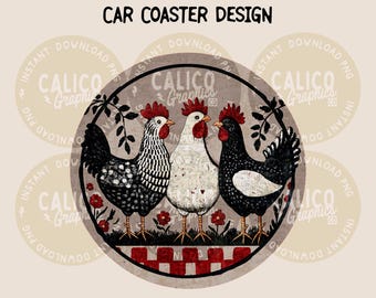 Western Checkered Chickens Primitive Style Car Coaster PNG Sublimation Instant Digital Download