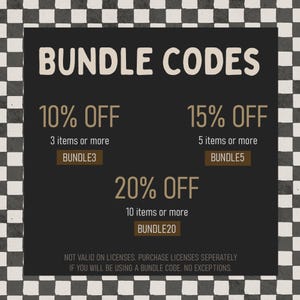 Puede incluir: Un gr&aacute;fico promocional con el texto "BUNDLE CODES" en letras blancas grandes. Ofrece descuentos: 10% de descuento por 3+ art&iacute;culos (BUNDLE3), 15% de descuento por 5+ art&iacute;culos (BUNDLE5) y 20% de descuento por 10+ art&iacute;culos (BUNDLE20).