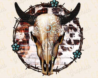 Cow Skull Cow Print Barb Wire Western Instant Digital Download | Trendy Western Designs, Western PNG files, Trendy Shirt PNG Downloads