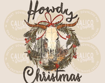 Hallo kerstkrans met koeienschedel in westernstijl, direct digitaal te downloaden | Trendy western design, western PNG, trendy PNG-downloads