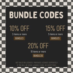 Może przedstawiać: Grafika promocyjna z tekstem "BUNDLE CODES" dużymi, białymi literami. Oferuje zniżki: 10% zniżki na 3+ przedmioty (BUNDLE3), 15% zniżki na 5+ przedmiot&oacute;w (BUNDLE5) i 20% zniżki na 10+ przedmiot&oacute;w (BUNDLE20).