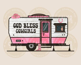 Western PNG God Bless Cowgirls Pink Trailer | DTF Zeefdruk & Sublimatie Ontwerp | Directe Digitale Download