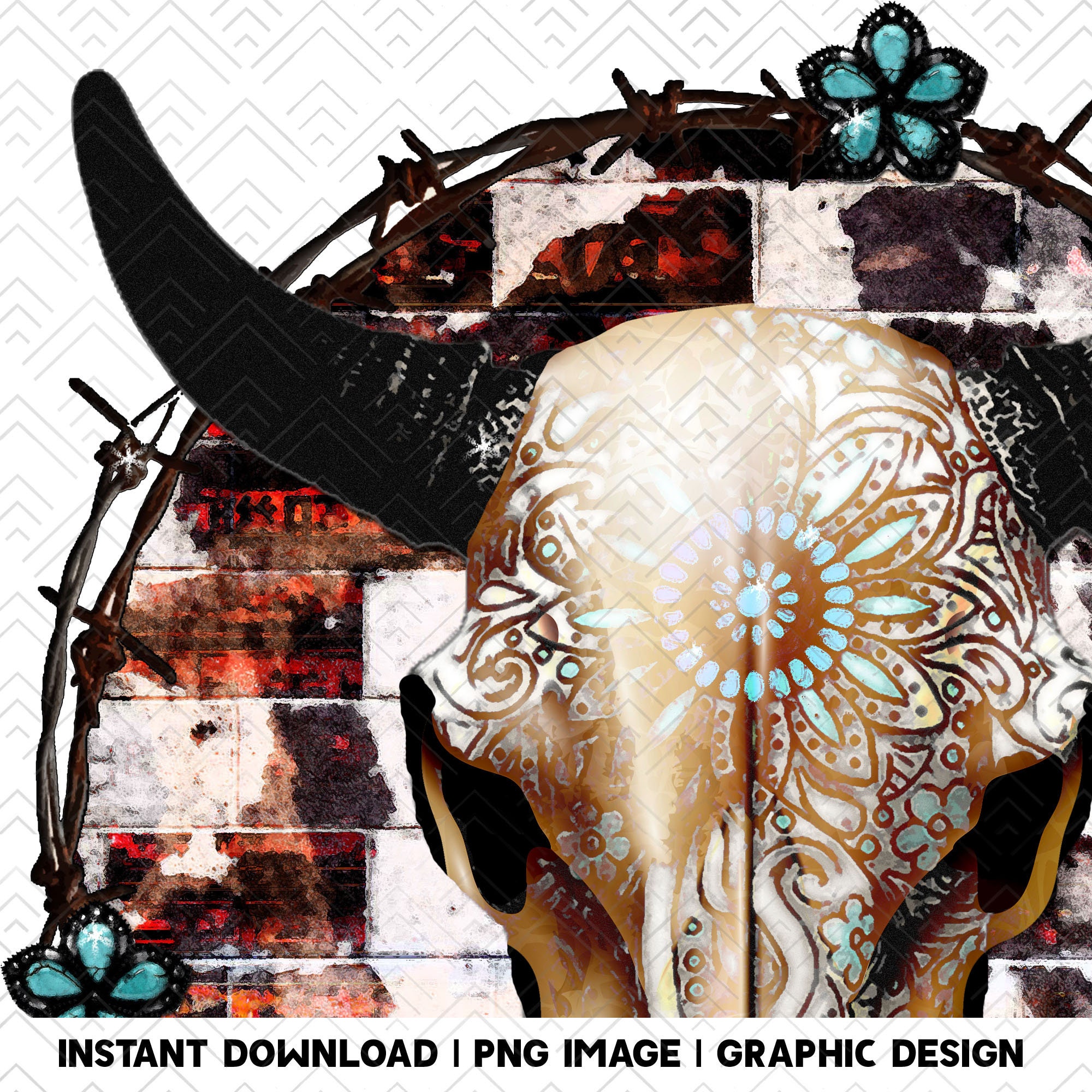 Bull Skull Barbed Wire Retro Sublimations Western Etsy