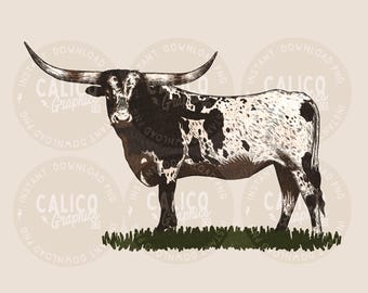 Pode incluir: Uma ilustração digital de uma vaca longhorn com pelagem branca e preta manchada, chifres longos e curvos e rosto escuro. A vaca está sobre um pedaço de grama verde escura. O fundo apresenta uma marca d'água com o texto CALICO Graphics.
