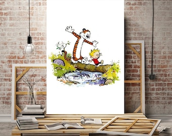 Tiger Hobbes and Boy Poster, Canvas Wall Art, Unframed Nursery Room Decor