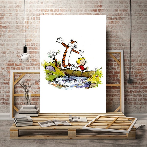 Tiger Hobbes and Boy Poster, Canvas Wall Art, Unframed Nursery Room Decor