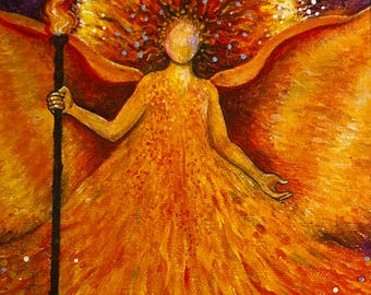 Lámina artística de ángel de fuego: simbolismo naranja y amarillo, con paspartú, 8 x 10