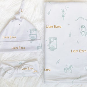 BABY NAME Swaddle Blanket | Personalized Hat Newborn Boy Baby Gift | Newborn Baby Girl Coming Home Outfit | Hospital Photo Receiving