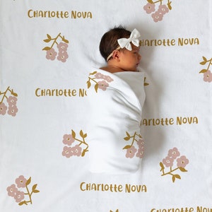 BABY NAME Swaddle Blanket | Personalized Hat Newborn Boy Baby Gift | Newborn Baby Girl Coming Home Outfit | Hospital Photo Receiving | Minky