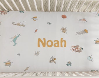 Personalized Ocean Crib Sheet | Boho Sea Print Baby Bedding