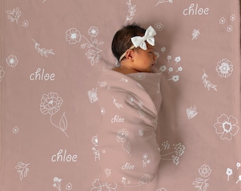 Personlig babyfilt | Boho blommig flickfilt, karamellfärgad jersey