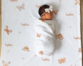 Couverture personnalisée Minky pour bébé | Floral bohème, nom personnalisé