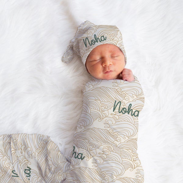 Baby Name Blanket | Waves Baby Swaddle Blanket | New Born Ocean Waves Swaddle | Personalized Swaddle Newborn Boy Coming Home Outfit Hospital