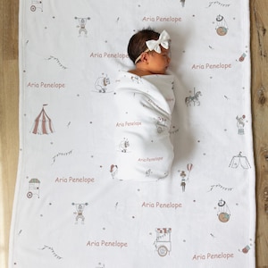 BABY NAME Minky Blanket | Personalized Hat Newborn Boy Baby Gift | Newborn Baby Girl Coming Home Outfit | Hospital Photo Receiving |Circus