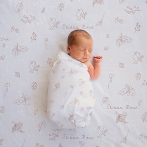 Personalized Baby Swaddle Blanket Set | Newborn Beanie Knotted Hat | Baby Shower Gift | Custom Print Name Pastel Floral | Coming Home Outfit