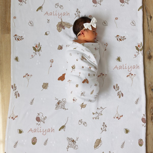 FALL LEAVES Minky Blanket | Leaf Gender Neutral Coming Home Outfit | Gender Neutral Gift Set | Baby Swaddle With Name| Newborn Name Wraps