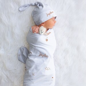 BABY NAME Swaddle Blanket | Personalized Hat Newborn Boy Baby Gift | Newborn Baby Girl Coming Home Outfit | Hospital Photo Receiving