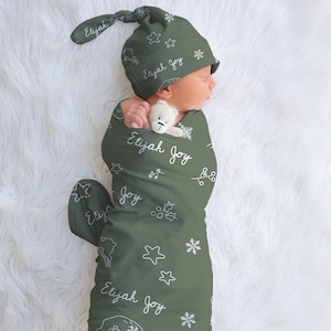 BABY NAME Swaddle Blanket | Personalized Hat Newborn Boy Baby Gift | Newborn Baby Girl Coming Home Outfit | Hospital Photo Receiving