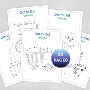 Può includere: Una pila di libri di attività di carta bianca con disegni a tratteggio neri di veicoli. Ogni libro ha il titolo "Dot to Dot Vehicles" in blu e verde. Un cerchio blu con "30 PAGES" è al centro.