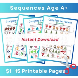 May include: A collection of printable worksheets for children aged 4 and up, featuring pattern completion and shape matching exercises. The worksheets include footballs, shapes, and Christmas-themed images. The text on the image says "Sequences Age 4+" and "Instant Download".