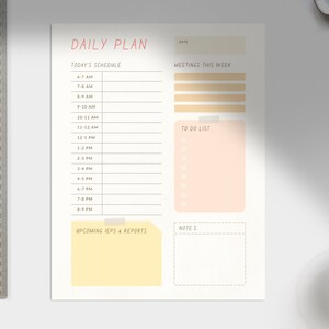 May include: A printable daily planner with sections for today's schedule, meetings this week, to do list, upcoming IEPs & reports, and notes. The planner has a light pink and yellow colour scheme.