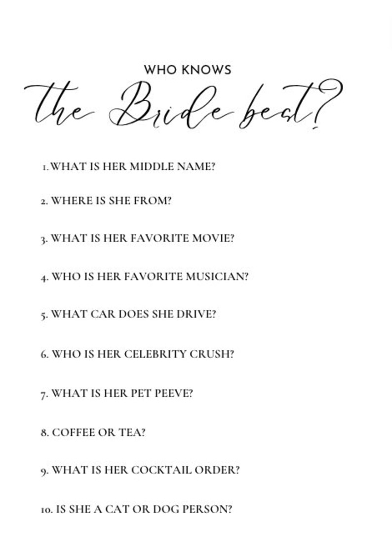 Who Know's Best bridal Party Game Bundle Etsy