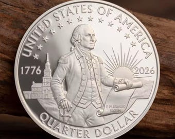 Op de afbeelding: Een zilveren kwart dollar munt met een gedetailleerd reliëf van George Washington, de tekst "UNITED STATES OF AMERICA", het jaar 1776 en het jaar 2026. De munt bevat ook de woorden "QUARTER DOLLAR".