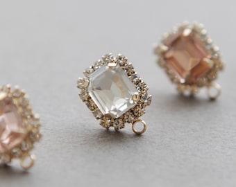 4pcs/10pcs 14k Gold Plated 1.1 x 1.6cm Square Rhinestone Earring Post, Titanium Posts, Nickel Free Earring Components [P10]