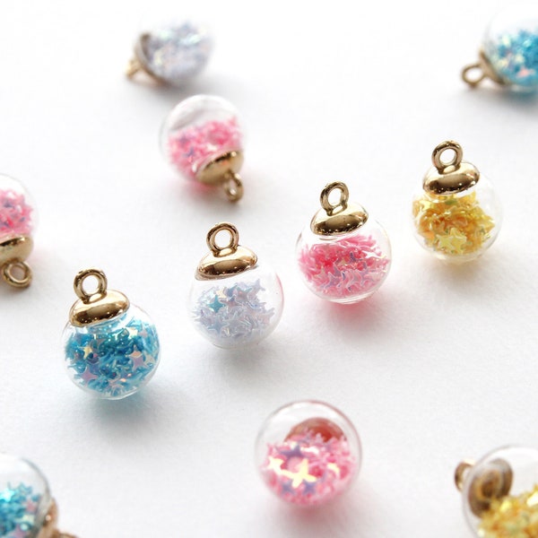 4pcs Transparent Glass Ball with Sparkly Confetti Star, Earring Charms,  Key Ring, Jewelry Pendent [C130]