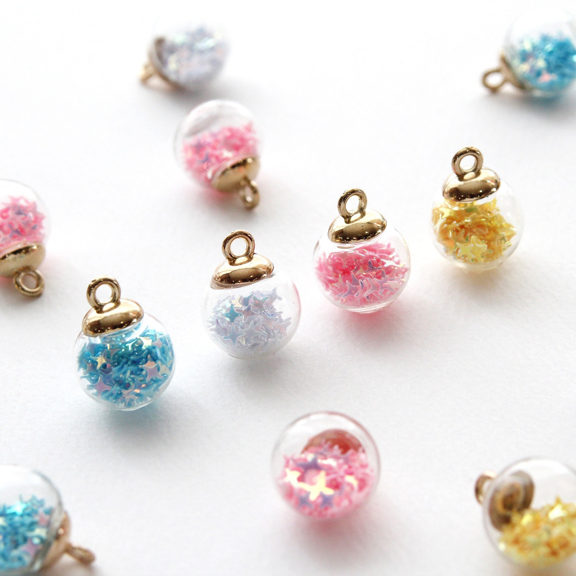 Glass Ball Charms With Confetti Stars, Charms and Pendants, Gold