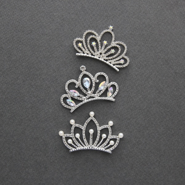 2pcs/10pcs  Rhinestone Princess Tiara Embellishment, Flat Back Crown, Kids Hair Bow Headband  Making [E09]