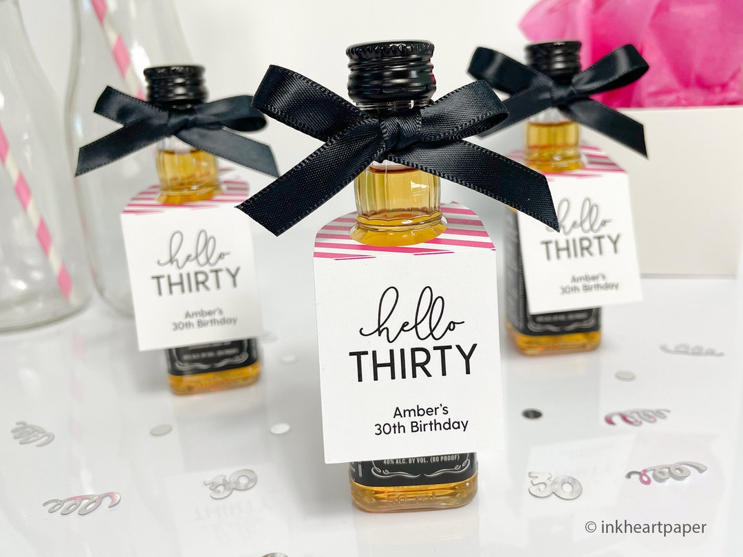Hello Thirty Birthday Party Favors, Mini Liquor Bottle Tag, Adult