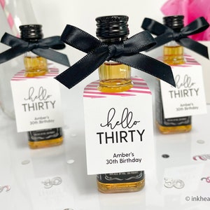 Hello Thirty Mini Liquor Bottle Tags: 30th Birthday Party Favors (Set of 12)
