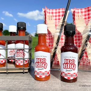 Wedding Party Favors, I Do BBQ Favors, Backyard Bbq Sauce Favors, Blue Gingham, Personalized Mini Liquor Bottles, EMPTY DIY Kit 12 bottles