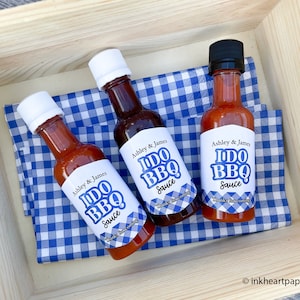 I Do BBQ Favors, Wedding Party Favors, Backyard Bbq Sauce Favors, Blue Gingham, Personalized Mini Liquor Bottles, EMPTY DIY Kit 12 bottles